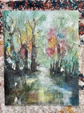 Original Abstract Watercolor Forest Unframed  18x24 green, red, black, orange