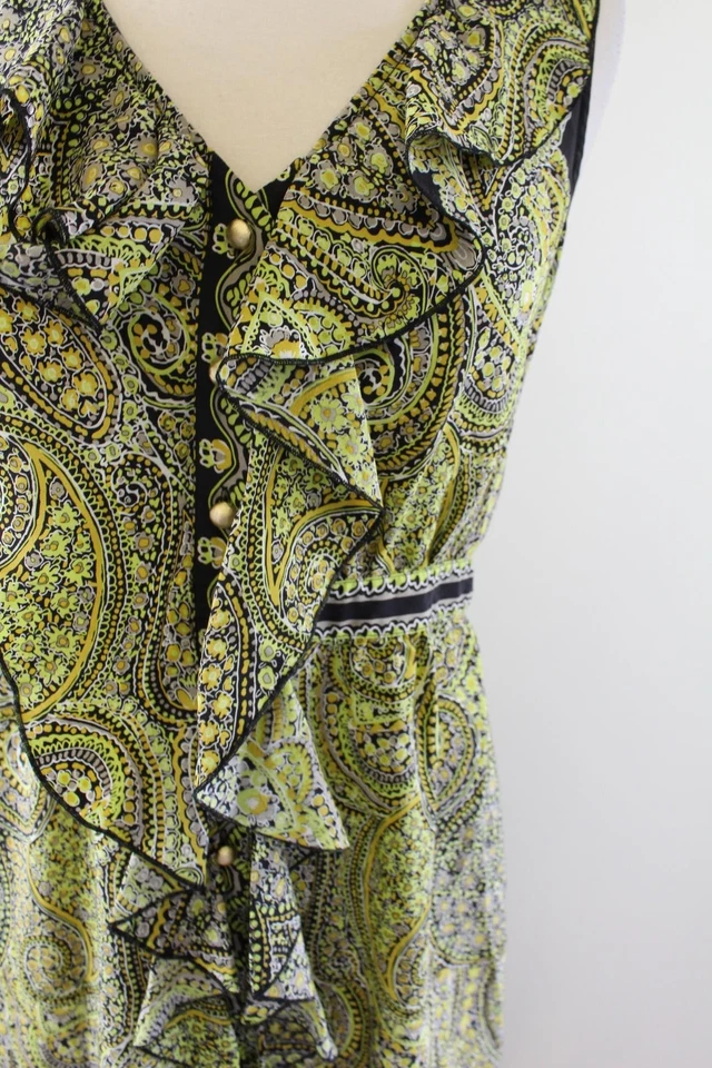 Vestido Beth Bowley Anthropologie Negro Amarillo Estampado Paisley Volantes Frontal Talla 6 Foto 3 de 4