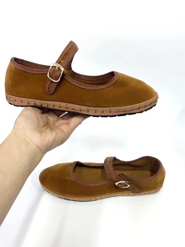 Velvet Mary Jane Shoes for Women Hand Stitch Casual Streetwear Ballet Flats - Picture 12 of 31