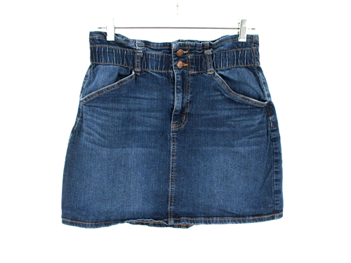 NO BOUNDARIES Midi Paper Bag Jean Skirt Women L Dark Blue Stretch Pockets School