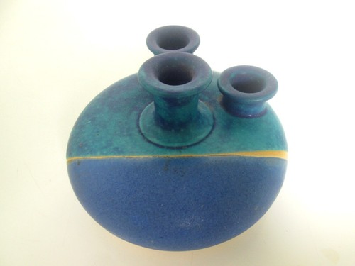NICE BANDED BARIUM BLUE RAKU STONEWARE STUDIO POTTERY STEM VASE CANDLE HOLDER - Picture 5 of 11