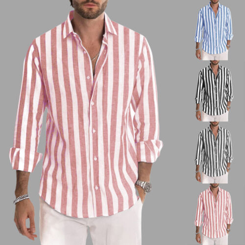 Mens Long Sleeve Shirts Summer Striped Loose Casual Dress Shirt Blouse Tops US