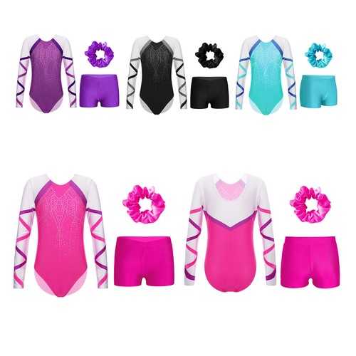 Kids Girls Leotard With Shorts Sport Dance Outfit Bike Rompers Long Sleeve Gym - Picture 3 of 43