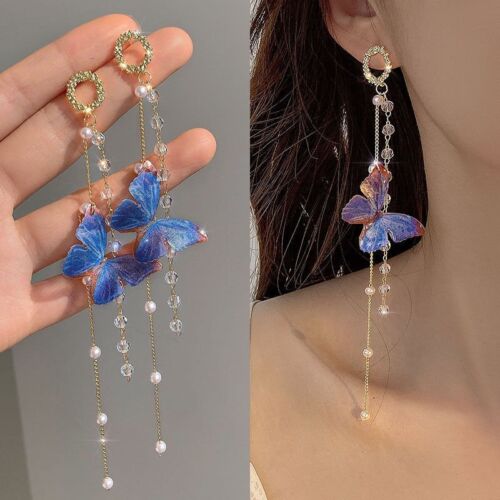 Boucles d'oreilles papillon de luxe femmes cristal zircon long gland clou dangle bijoux - Photo 1 sur 34