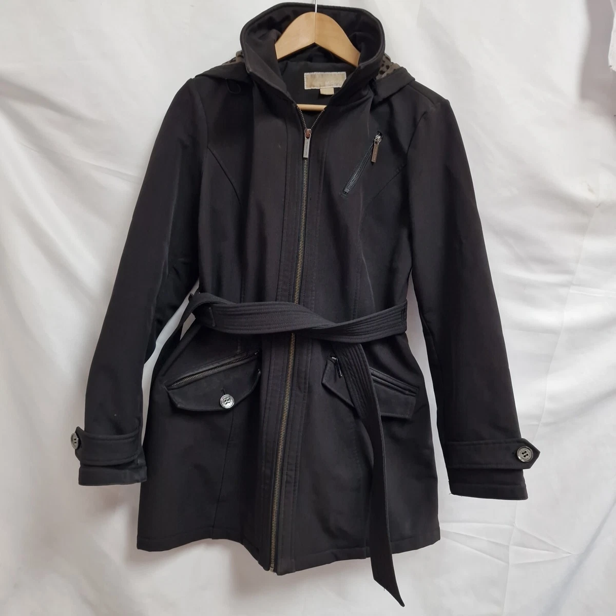 Michael Kors Black Soft Shell Hooded Belted Animal Print Lined coat jacket M