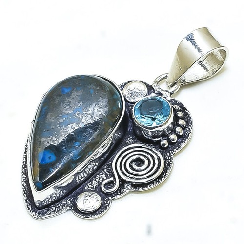 Chrysocolla, Blue Topaz Gemstone 925 Silver Fashion Jewelry Pendant 1.7" RP485 - Picture 2 of 3