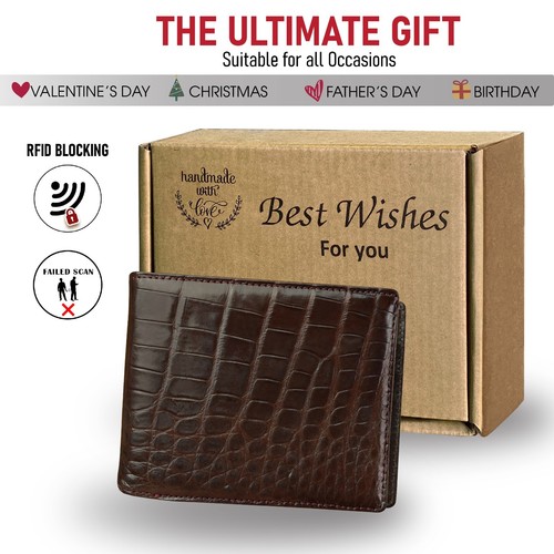 Brown Real Crocodile Leather Bifold Wallet RFID Blocking Large Capacity - Picture 11 of 14