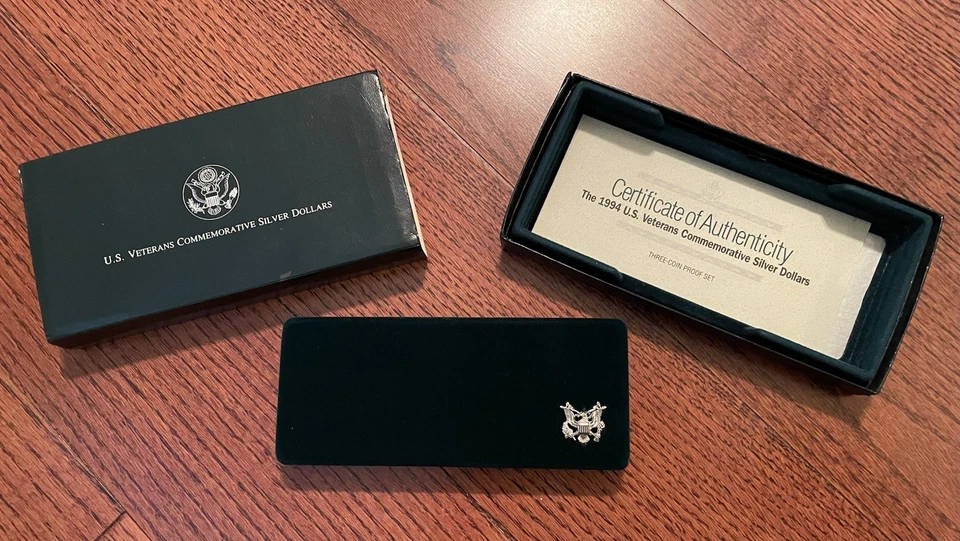 1994 US Veterans Commemorative Silver Dollars 3-Coin Proof Set, COA OGP Case/Box - Image 2 of 4