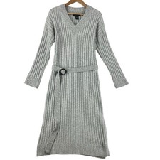 Tahari Women’s Sweater Dress SZ L Heather Gray Ribbed V-Neck Side Slit Midi