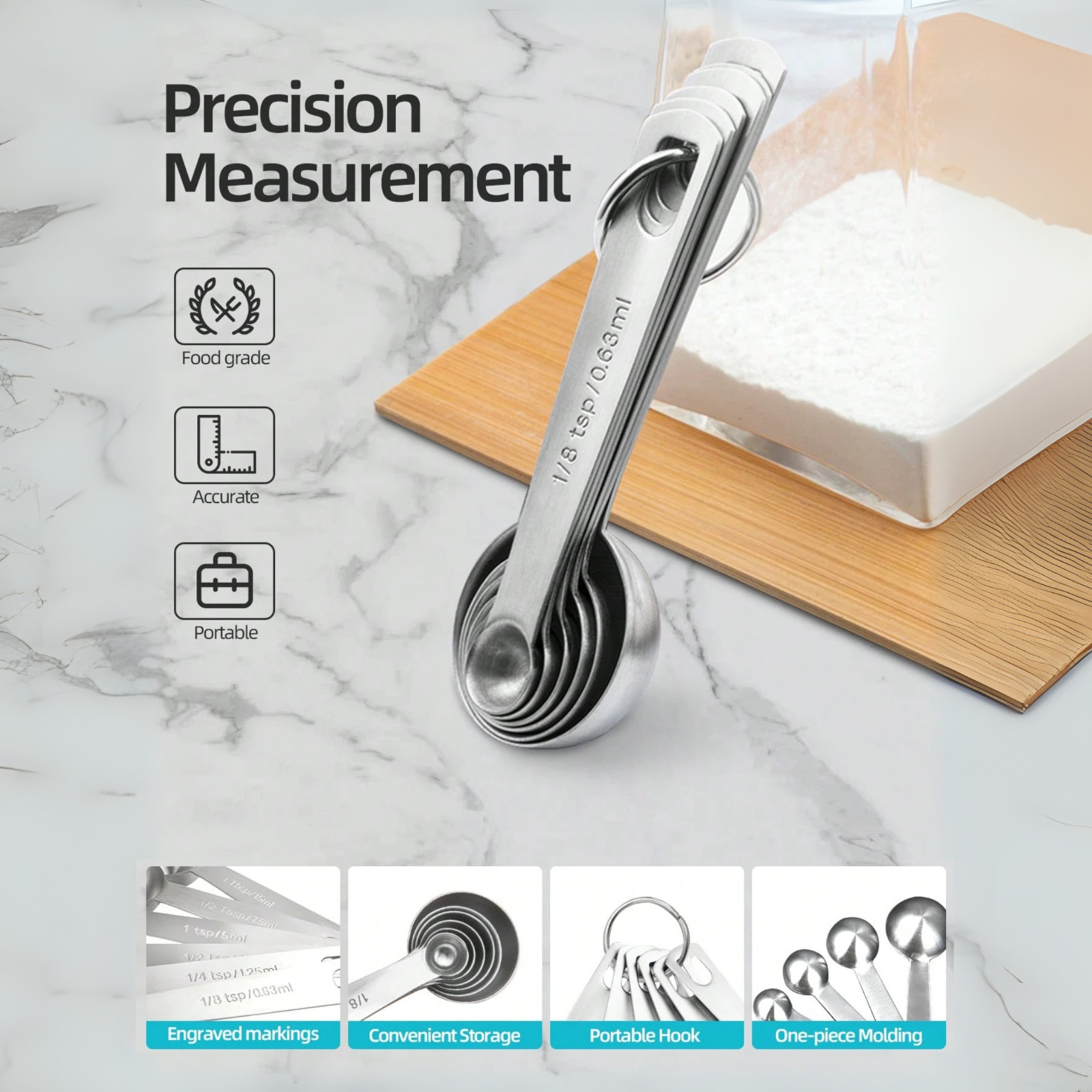 Stainless Steel Measuring Spoons Set 4.9″ Teaspoon Tablespoon Scoop Silver 6pcs