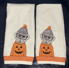 Set of 2 Halloween  Dog Jack-o-Lantern SHIRT IN GLASSES TOQUE Hand Towels. EUC
