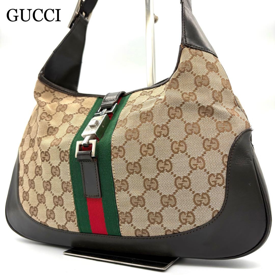 GUCCI Sherry Line GG Canvas Leather Tote Handbag in Beige Authentic