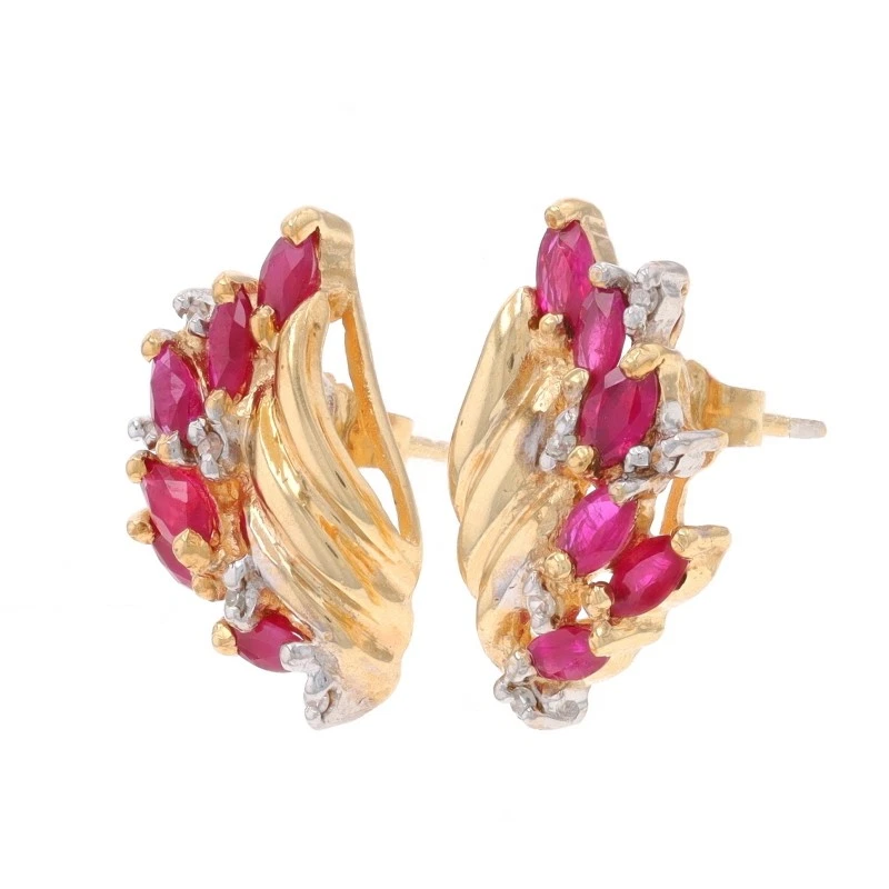 Yellow Gold Ruby & Diamond Lg Cluster Stud Earrings 10k Marquise 1.59ctw Pierced - Image 2 of 4