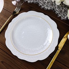 10 Clear Round Hammered Disposable Salad Dinner PLASTIC PLATES Gold Trim Party