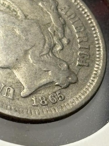 1865 Philadelphia Mint Three Cent Nickel Coin FINE DETAILS DIE TRAILS - Picture 8 of 8