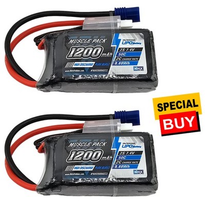 NHX RC 2S 7.4V 1200mAh 50C Losi Mini T/B & JRX2 Lipo Battery w/ EC2 Plug (2)
