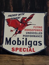VINTAGE MOBIL MOBILGAS SPECIAL W/ FLYING PEGASUS PORCELAIN SIGN 12"X12"