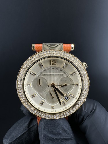 Michael Kors MK2279 Parker Uhr Orange Leder Kristall Lünette Champagner Zifferblatt