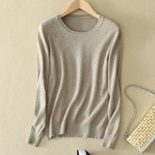 Women Wool Cashmere Sweater Knitted Pullover Slim Crew-Neck Sweater Solid Jumper