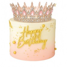 Otuuz 8 Pcs Gold Pink Queen Crown Cake Topper for Women Rhinestone Birthday