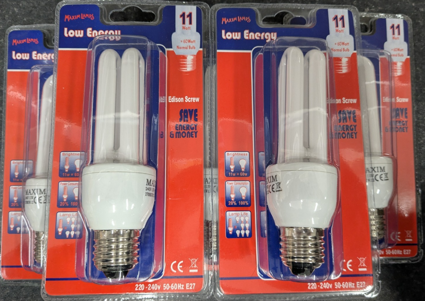 50x 11W  Maxim CFL lamps Low Energy 2700K ES E27 equivalent to 60w, box of 50