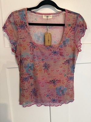 Natural Life Devon Mesh Short Sleeve Multicolored Floral Top NWT Size M