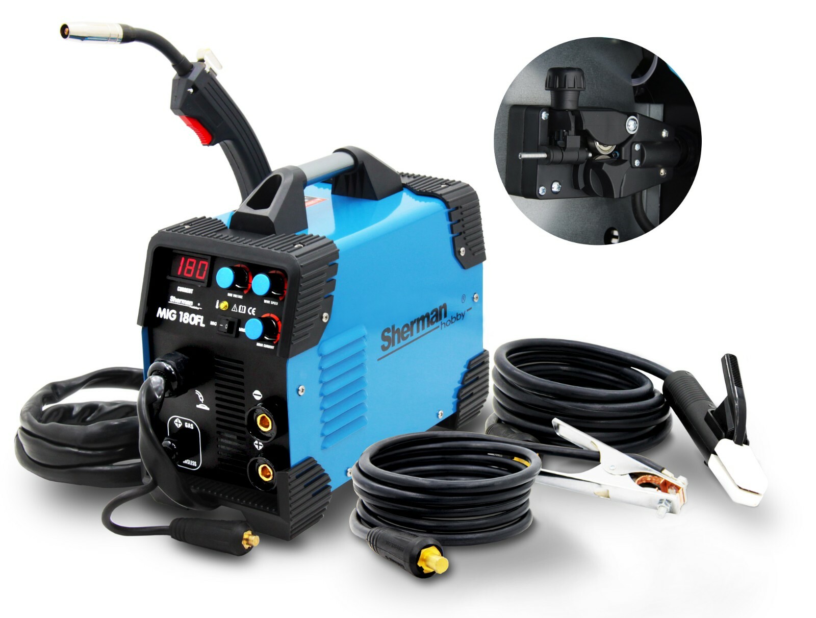 Sherman™ MIG Schweißgerät Halbautomatisch 180A IGBT Gasloser FLUX MMA einphasig Sherman™ MIG Schweißgerät Halbautomatisch 180A IGBT Gasloser FLUX MMA einphasig