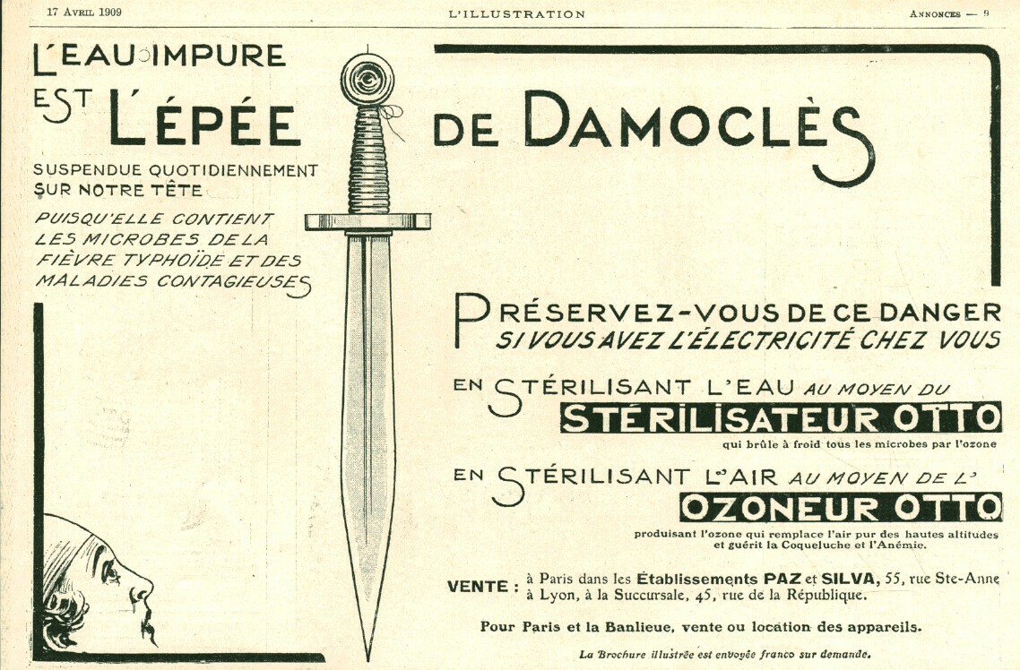 Publicité ancienne l'eau impure est l'épée de Damoclès 1909 issue magazine | eBay