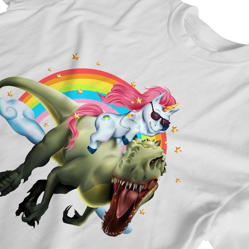 1Tee Damen T-Shirt Loose Fit Einhorn Reiten T-Rex Dinosaurier - Bild 3 von 5