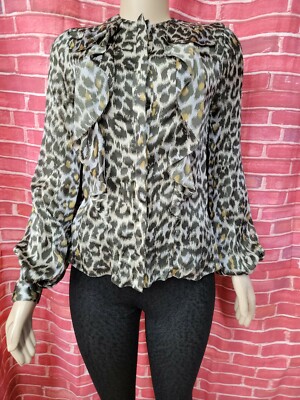 Carolina Herrera NY DESIGNER Silk Size 6 Leopard Print Ruffled Top Blouse #C3