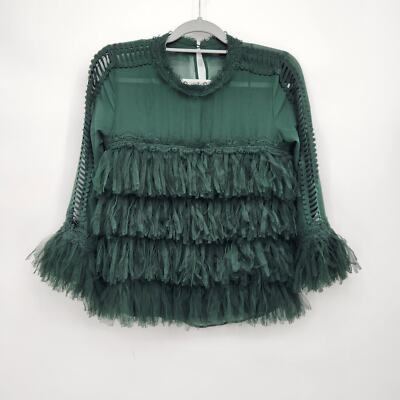 Mod X Evergreen Mesh Ladder Lace Sleeve Keyhole Back Tiered Tulle Top Women's XS