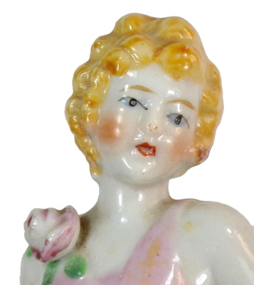 Porcelain Half Doll Pincushion Bathing Beauty Pink Suit Rose Blonde Germany #12