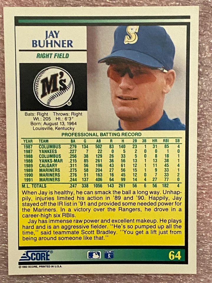 1992 Score #64 Jay Buhner Seattle Mariners - Image 2 of 2