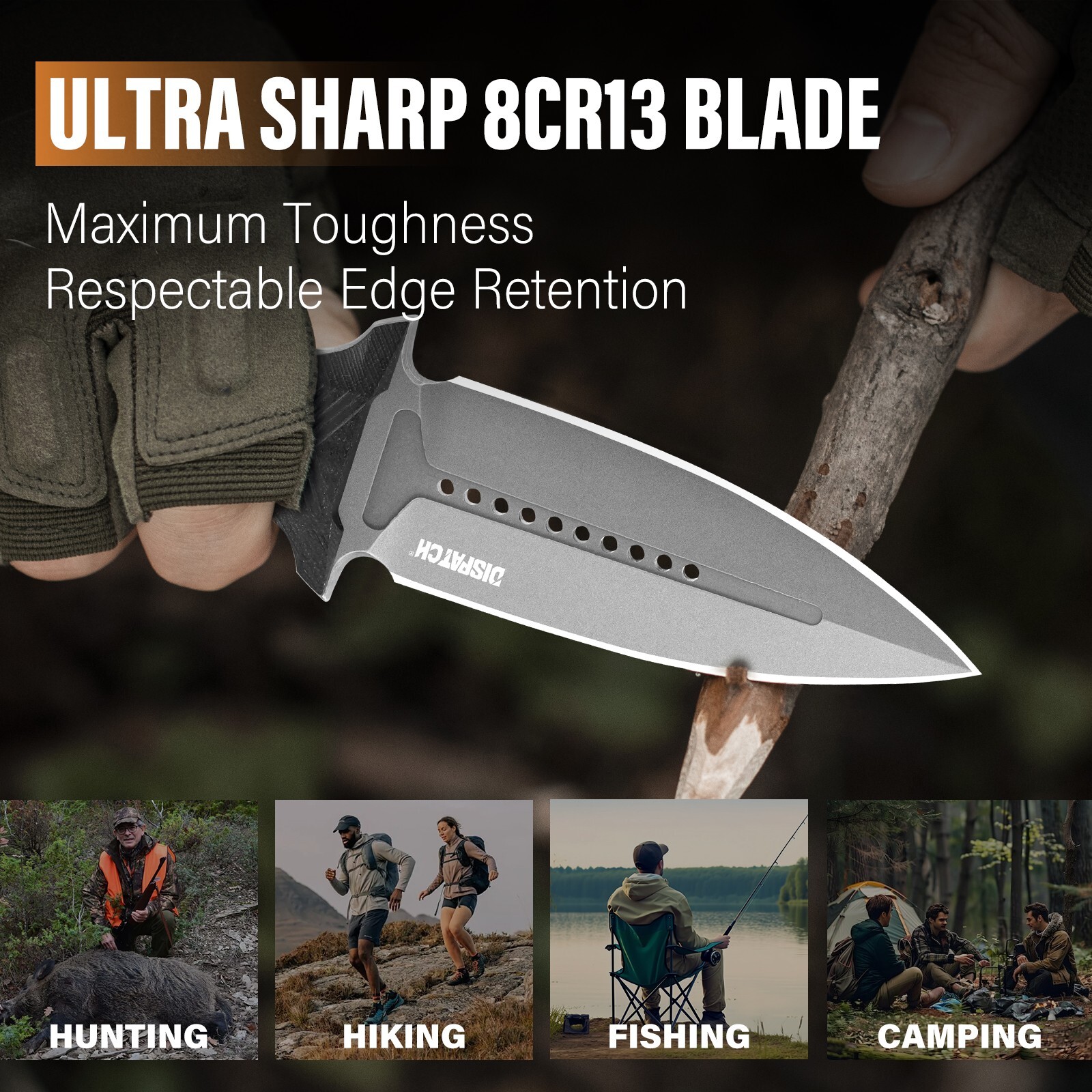 Dispatch8CR13MOV Double Edge Combat Knife 8"Full Tang w/ Kydex Sheath&G10 Handle