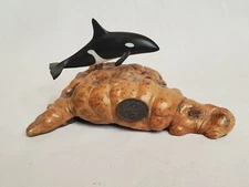 John Perry Vintage Orca Whale Sculpture on Burl Wood Base Excellent Used Cond.