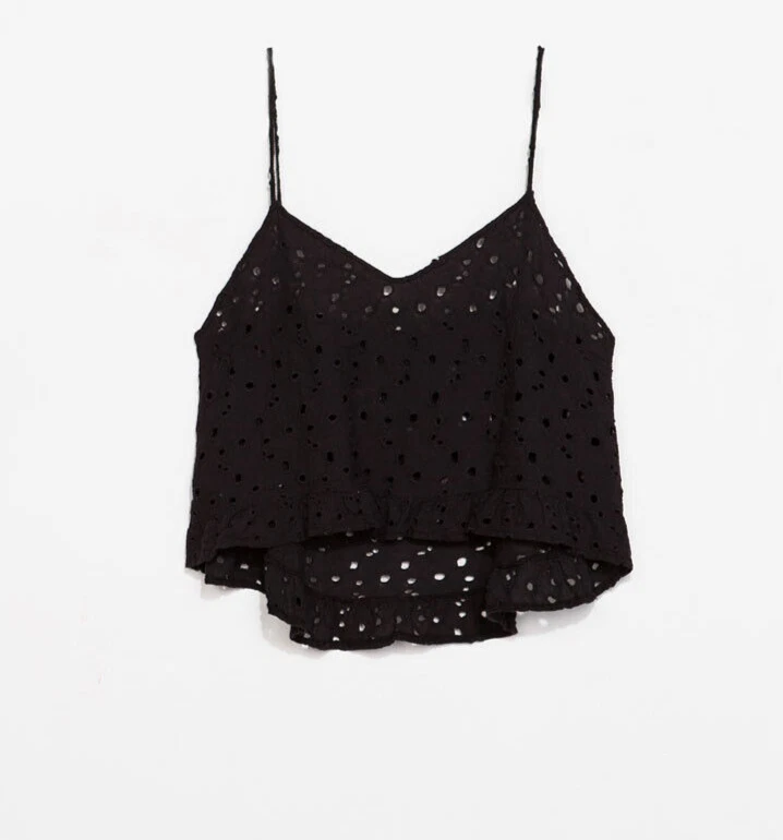 crop top évasé destructuré coton effet broderie anglaise NOIR ZARA L - Photo 2/4
