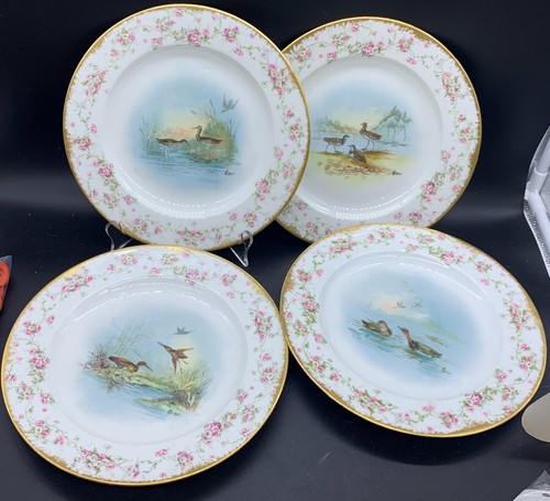 ANTIQUE DINNER PLATE LIMOGES SIGNED ROSE GARLAND GOLD BIRD DUCK PHEASANT SET 4 - Picture 12 of 12