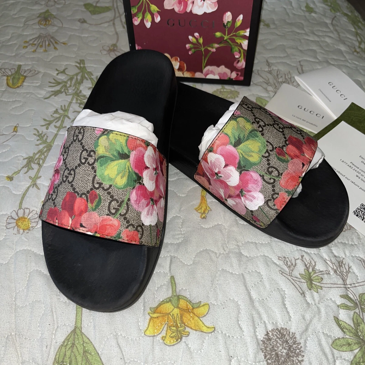 Gucci GG BLOOMS SUPREME FLORAL SLIDE SANDAL SIZE 39