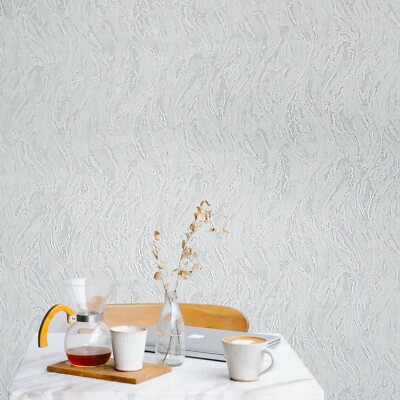 Textured Wallpaper white gray silver metallic faux plaster wave stroke textures