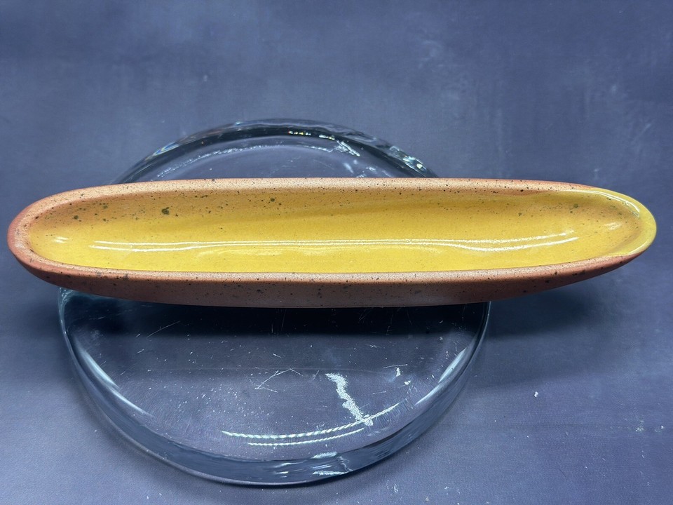 Carnevale McCarty Signed Mustard Yellow Brown Pottery Olive Tray Boat