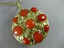 ANTIQUE LARGE AAA CORAL 18KT YELLOW GOLD DOUBLE SIDED FILIGREE PENDANT #16494