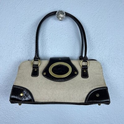 Vintage Anne Klein Linen Purse Handbag with Black Trim and Gold