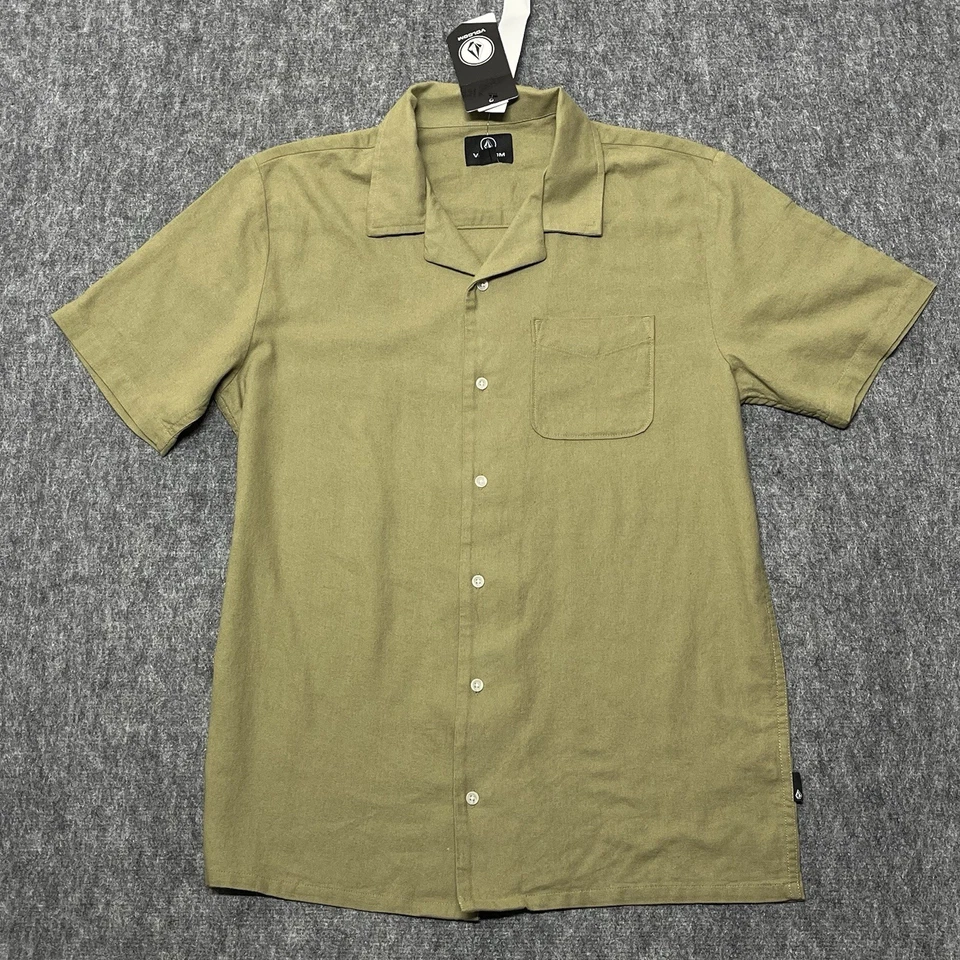 Volcom Button Up Shirt Mens Medium Green Camp Collar Pocket Short Sleeve New - Image 2 of 4