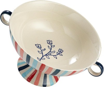Creative Co-Op Hand-Painted Stoneware Footed Bowl with Handles and Stripes, NIB