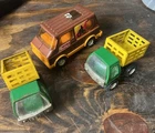 TOY Buddy L Vintage Set Van & 2 Farm Dump Truck 3” Stake Bed Green Yellow Steel