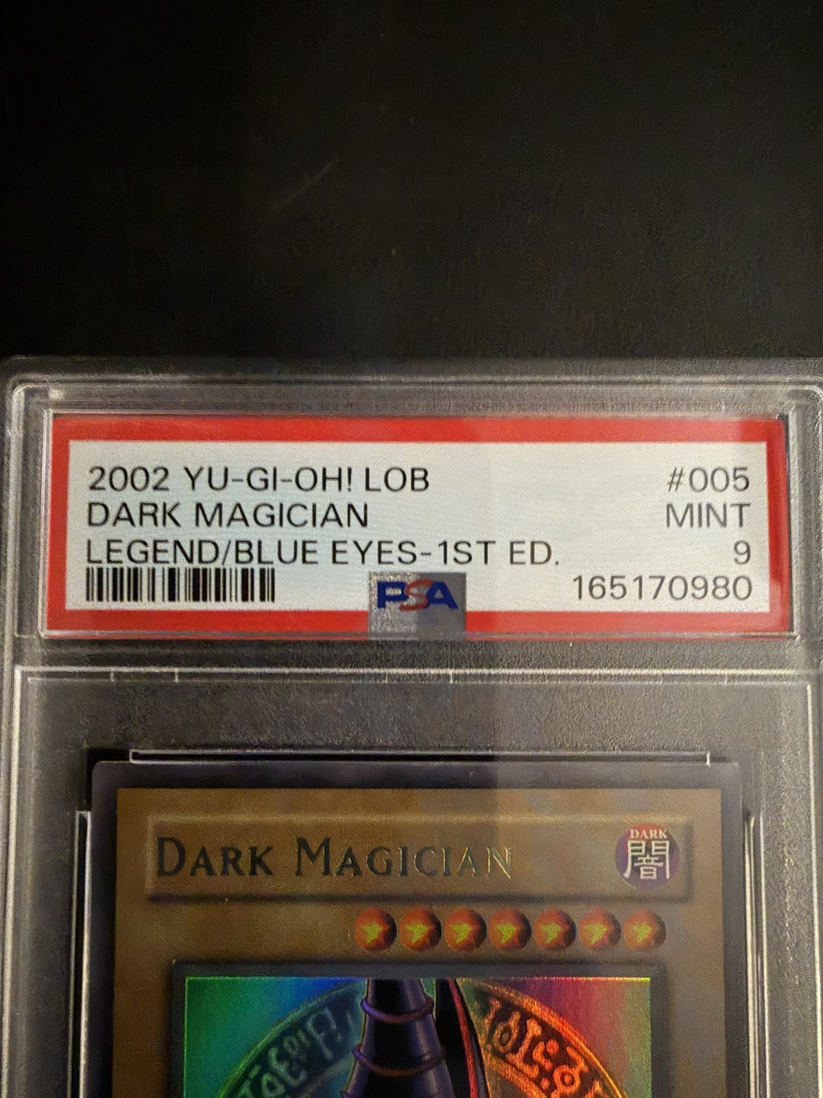 2002 Yu-Gi-Oh! Dark Magician LOB-005 1st Edition PSA 9 Legend of Blue Eyes view 4