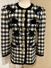 Vintage Escada Black And White Wool Blazer With Hearts Sz S