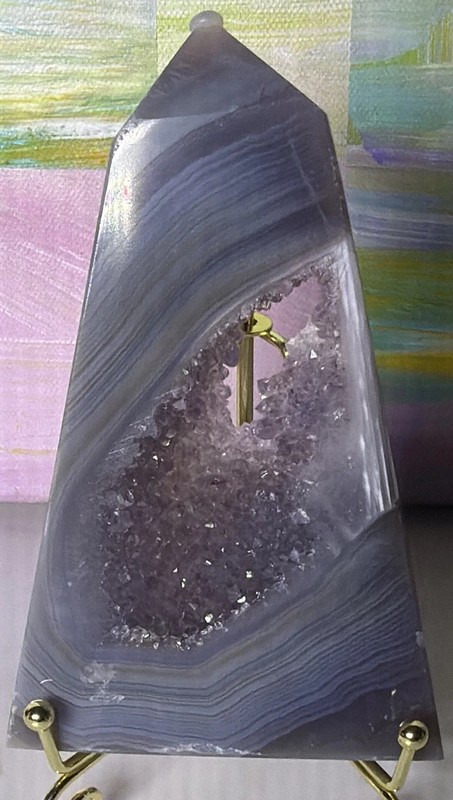 UV Reactive Blue Lace Banded Agate Amethyst Geode Freeform w/Metal Stand