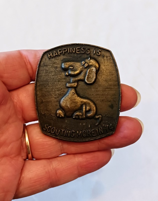 Vintage 1974 Metal Snoopy Boy Scouts Neckerchief Slide Happiness Is More in 74!