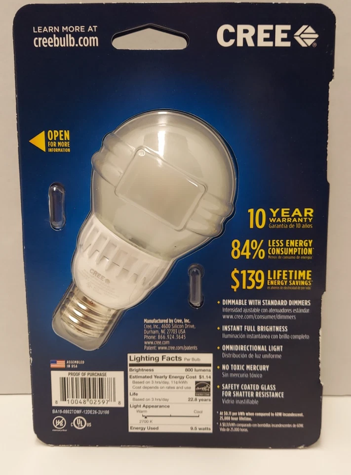CREE Soft White LED 60W Dimmable Bulb 2700K/800 Lumens - Image 2 of 2